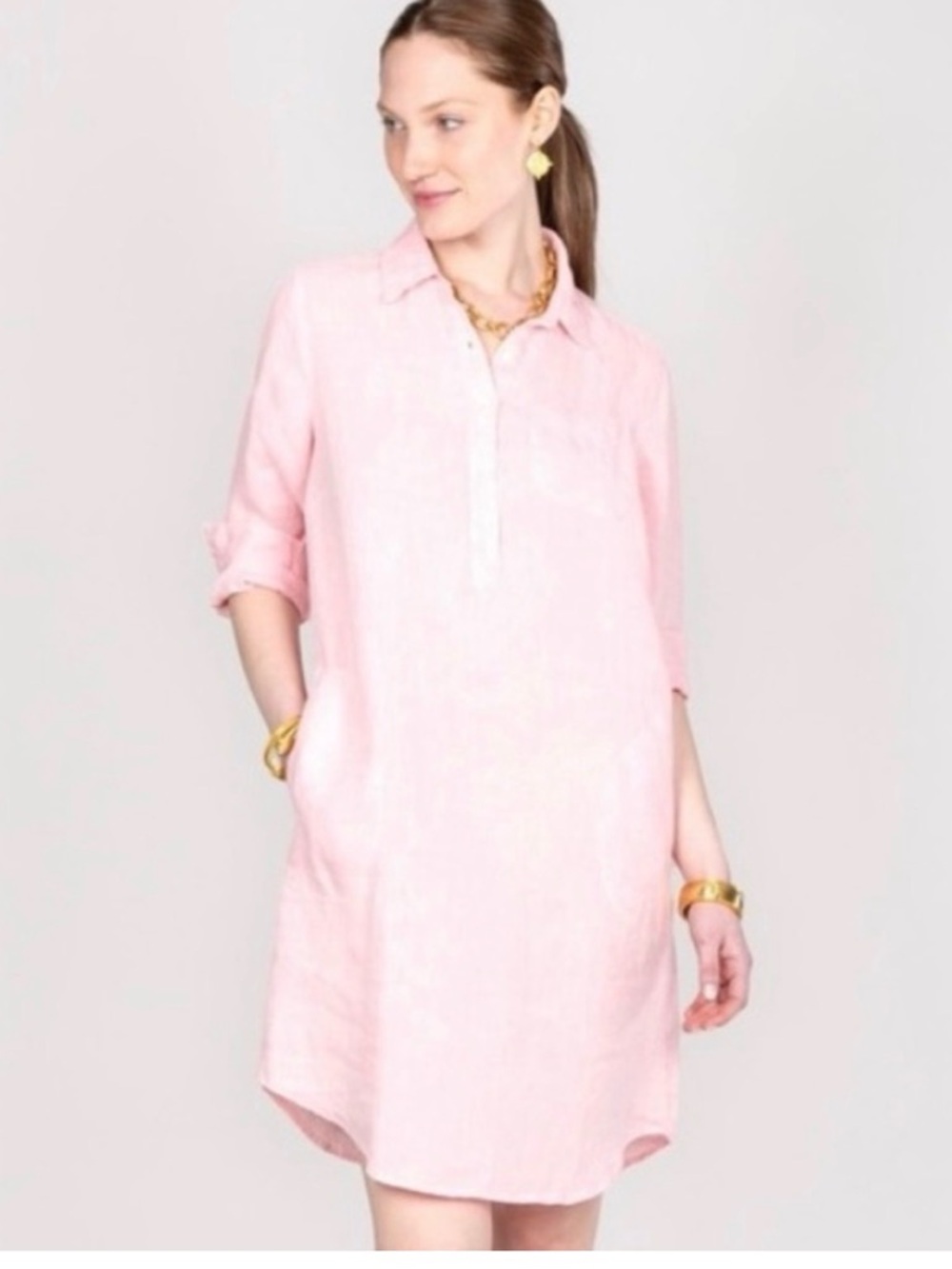 Pink Button-Front Linen Mini Dress